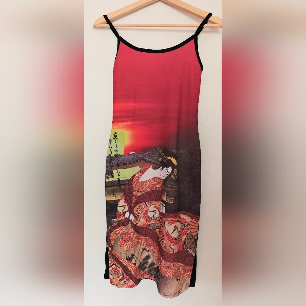 Vintage Y2K Geisha Print Slip Dress Size Small Japan Kinkakuji Cranes 90s 2000s